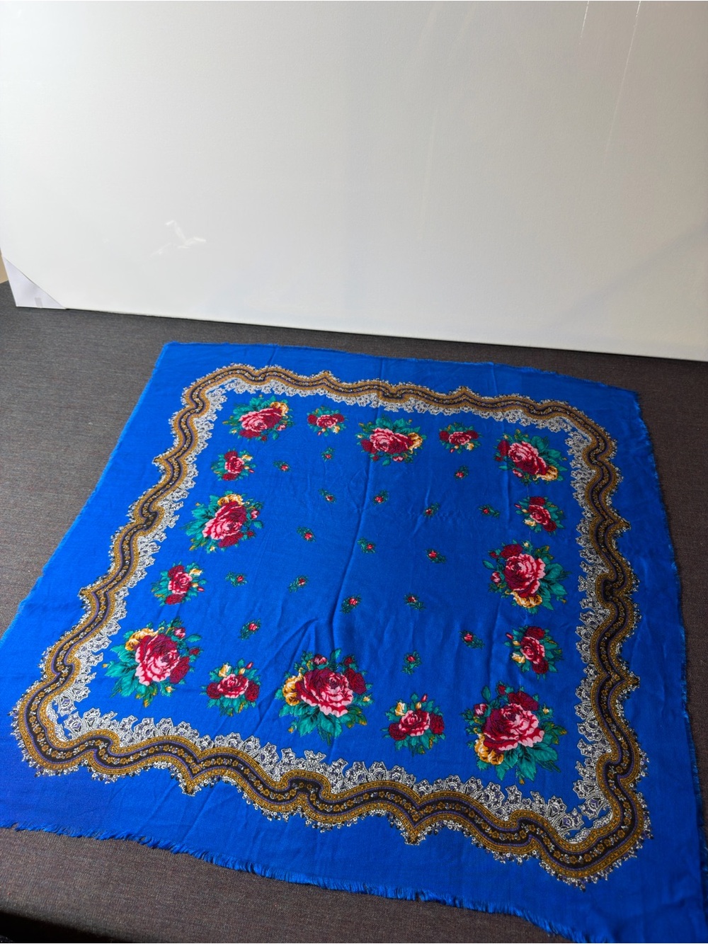 Vintage Russian Folk Floral Square Scarf Royal Blue Red Rose Fringed Shawl 35x35